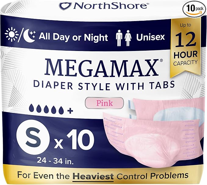 NorthShore MegaMax 12-Hour HBL Adult Diapers for Heavy Bladder Leaks, Small, 10 Count, Pink, 24-34 inches, Tab-Style Incontinence Underwear for Men, Women & Teens