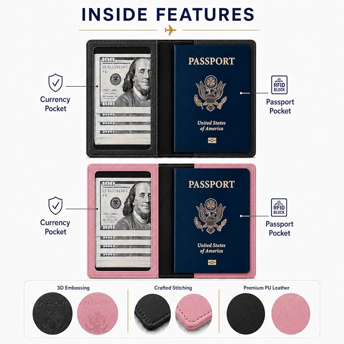 Ciana Passport Holder for Travel – PU Leather Passport Cover and Card Holder for Men & Women – Slim Passport Holder with Card Protector Slot, Travel Must Haves (Black & Pink)