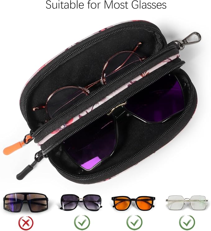 Double Eyeglasses Case Soft Portable Zipper Sunglasses Pouch with Keychain Clip for Men Women