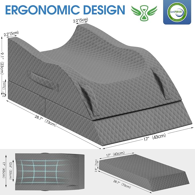 TranquilRelax Elevation Pillows for Leg After Surgery, Memory Foam Adjustable Wedge Pillow for Injury or Rest, Ankle Pillow for Sleeping Blood Circulation, Full Grey/Double Leg