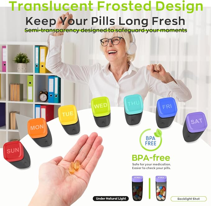 HIONXMGA Weekly Pill Organizer, Detachable 7-Color Pill Box, Easy Open | Portable Travel Pill Case Container for Daily Medication Easy Track, Privacy Protection, Built-in Quick Fill Design, Purple