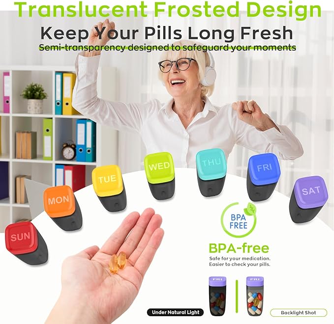 Weekly Pill Organizer 1 Time a Day, HIONXMGA Portable Detachable Travel Pill Box 7 Day, Large Once Daily Pill Holder Case, Color-Coded Dispenser for Vitamin Medicine Supplement Fish Oil, Clear