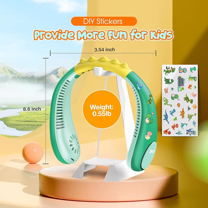Dinosaur Kids Neck Fan, Safe Bladeless Neck Fans for Kid, 2600mAh Portable Rechargeable Cooling Fan for 4-14Y Boys, 4 Speeds & Lightweight & Hands-free, Kids Camp, Travel, Summer Essentials