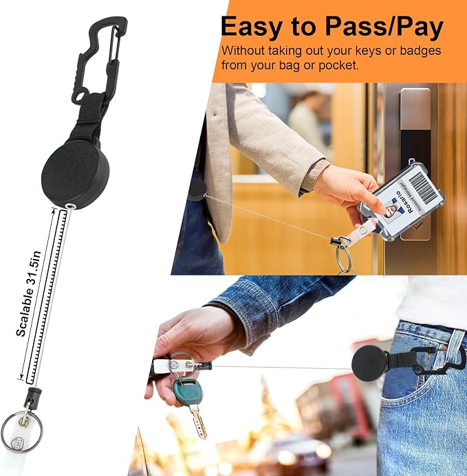 DELSWIN Tactical ID Badge Holder with Retractable Clip, Heavy Duty Retractable Keychain with ID Card Holder, 31.5" Retractable Cord (1 Badge Reel, 1 Holder)