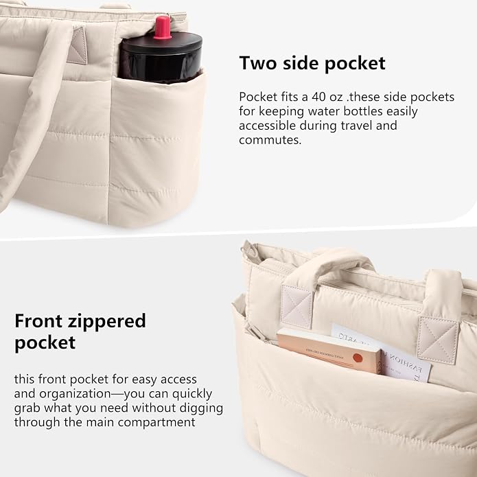 Puffer Tote Bag for Women Quilted Nurse Bag Lightweight Work Bag for Teacher Travel Handbag with Multiple Pockets