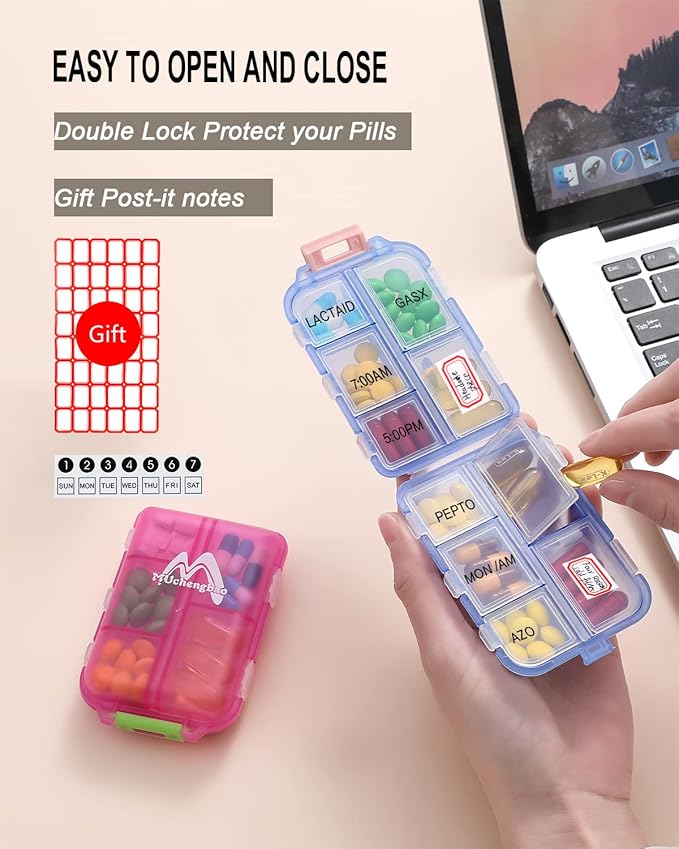 4PS Travel Pill Organizer with 164 Slice Labels，10 Compartments Travel Pill Box Portable Folding Small Pill Case Daily Pill Container Used for Carry Storage Medicine Organizer By M MUchengbao (White)