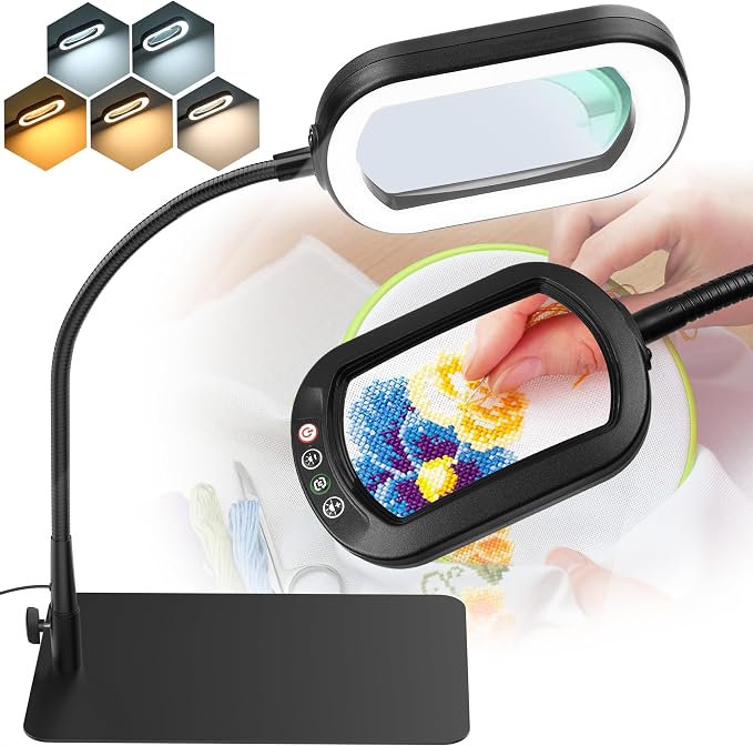 IVMAIE 12X Magnifying Glass with Light and Stand LED Magnifier with Light Hands Free Lighted Magnifying Desk Lamp Dimmable for Close Work Craft Read Cross Stitch Sewing Repair Hobby Rectangular