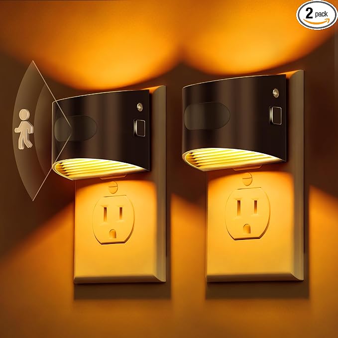 L LOHAS LED Motion Sensor Night Light, Night Lights Plug into Wall, 2 Pack | Nightlight with Dusk to Dawn & Motion Detection Sensor, 30-100Lm Adjustable Brightness, 1600K Amber Light, Black Housing