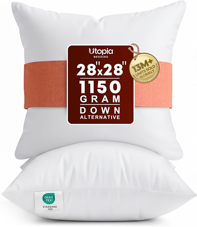 Utopia Bedding 28x28 Pillow Inserts, White Throw Pillows for Couch, 2 Pack | Indoor cushion inserts for bed, sofa & couch, Supportive & fluffy decorative pillows for everyday comfort, Set of 2, White