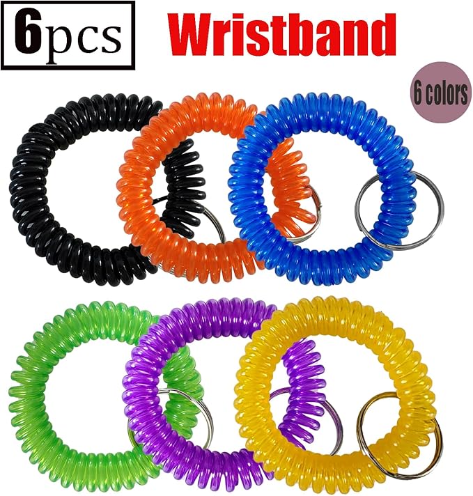 Pack of 6 Colorful Spring Spiral Wrist Coil Key Chain, Wristband Key Ring