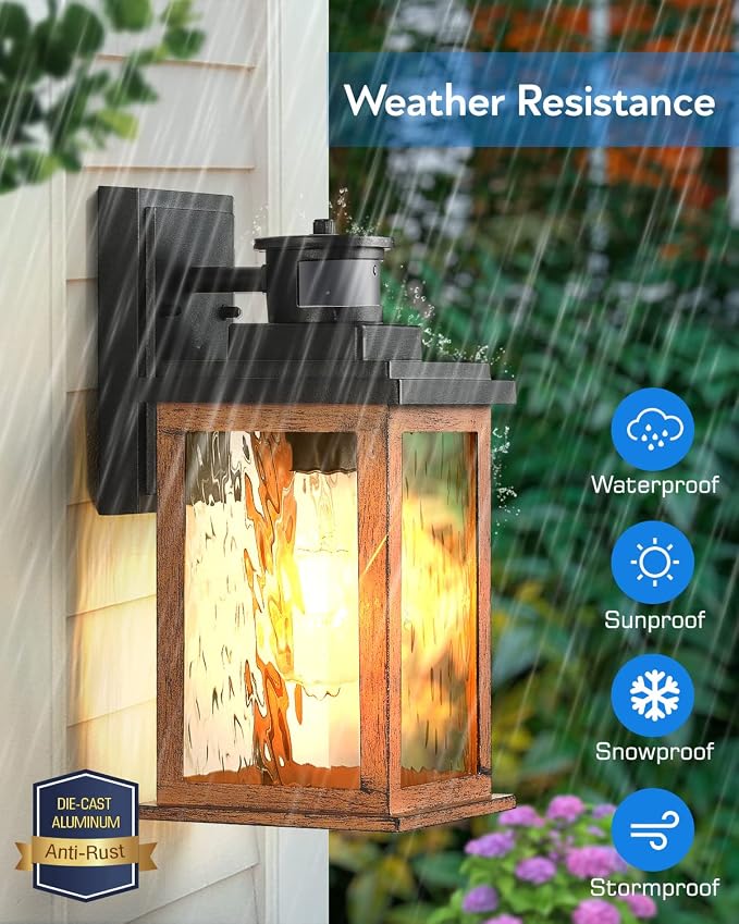 VIANIS Dusk to Dawn Outdoor Lighting for House, Outdoor Lights Fixture, E26 | Lantern with Waterproof, Anti-Rust 100%, Weather Resistant, Wood Grain Motion Sensor Garage Light Sconce Wall Mount, 2 Packs