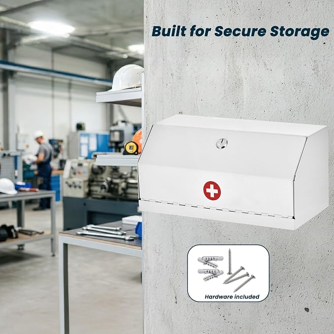 AdirMed Locking Medicine Box, First Aid Steel Lock Box for Medication, Small Wall Mounted Medicine Lock Box with Key, 6"D x 12.25"W x 5.9"H