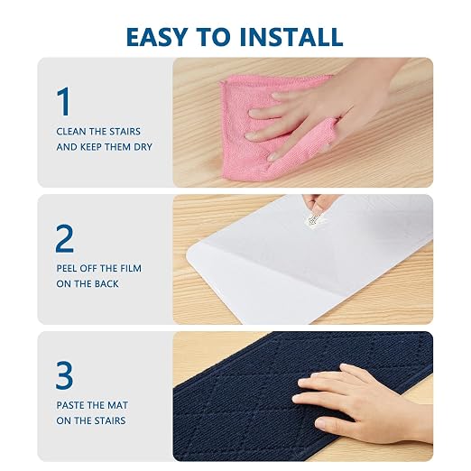 Stair Treads for Wooden Steps Indoor, 7 Pack 8" X 30" Non Slip Carpet Stair Treads with Reusable Adhesive for Elders and Dogs, Surface Polyester TPR Backing Stair Rugs,Navy