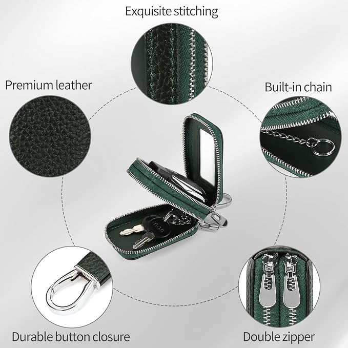 SENDEFN Car Key Fob Case Double Zipper Leather Smart Remote Keychain Protector Holder with Transparent Window