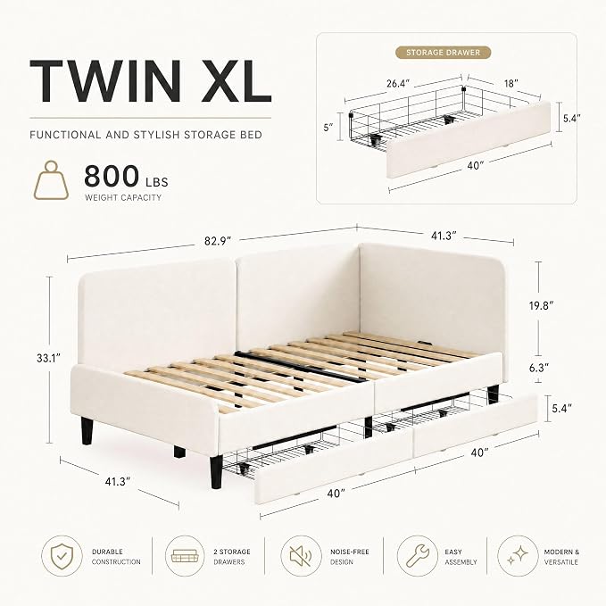 LIKIMIO Twin XL Daybed with 2 Drawers and Converse Headboard, Cream | No box spring needed. Perfect for dorms, studios, guest rooms, and small apartments.