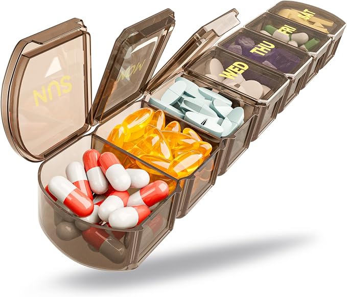 Large Pill Organizer Weekly - SHIJOINYU 7 Day Pill Box with Easy-Open Design, Daily Medicine Pill Organizer for Vitamins, Supplements, Fish Oils and Medications - Brown