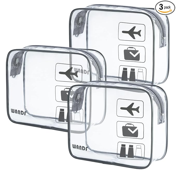 WANDF TSA Approved Toiletry Bag, 3 Pack Clear Makeup Bag | Quart Size, Airport Carry-On, TSA Liquids Travel Bag, Clear PVC, Women Men Travel Essentials