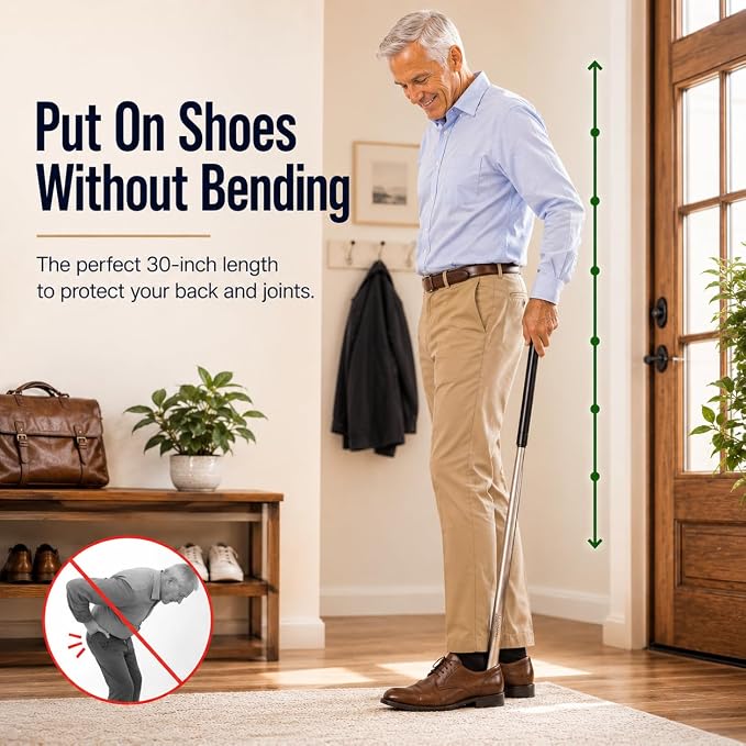 Velette Extra Long Shoe Horn - 30 Inch Stainless Steel for Seniors | Extended Handle, Heavy Duty Metal, Standing Use, Fits Boots & Dress Footwear, Men and Women, Elderly, Tall
