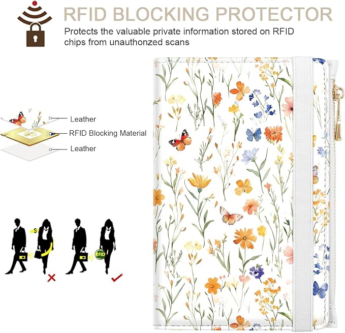 Passport Holder for Travel, RFID Blocking Passport Cover for Women Zipper | Travel Wallets, Passport Book Holder, Credit Card Holder, ID Window,SIM Card Slots, Coin & Tickets Pocket, Wild Flower