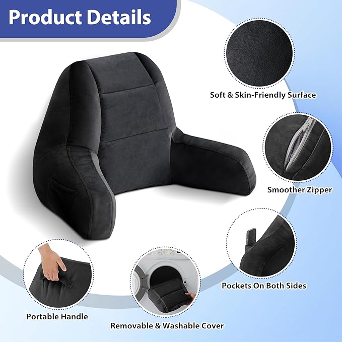 Reading Pillows for Sitting in Bed Adult, Back Pillow for Bed Sitting Up, Backrest Pillows with Shredded Foam for Adult&Teens, Support Pillow with Arms for Beds, Couch, Floor, 20in, Black