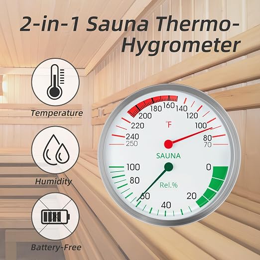 Stainless Steel Sauna Hygrometer Thermometer with Color-Coded Dial 5" Large Display,70-250°F, 0-100%,Heat-Resistant,Easy to Read Humidity Temperature Gauge for Home Spa, Steam Rooms