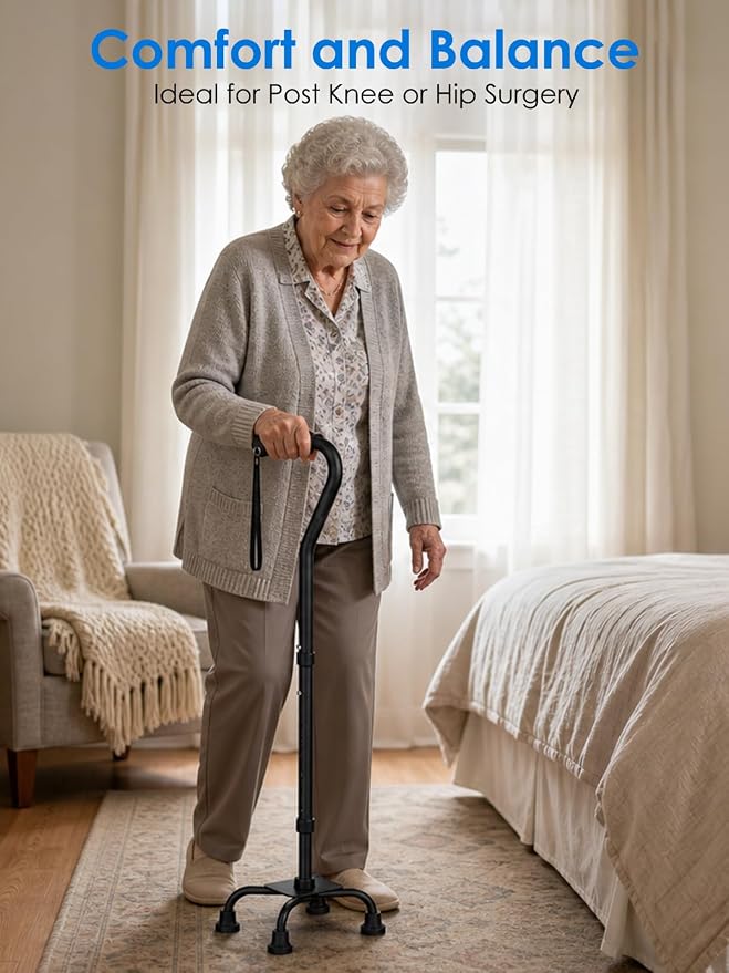 WHLICKS Quad Cane for Stability, Adjustable Walking Cane for Women & Men with A Large 4 Pronged Base for Balance, Self Standing Cane, 350lbs Heavy Duty Cane with 4 Legs, Walking Sticks for Seniors
