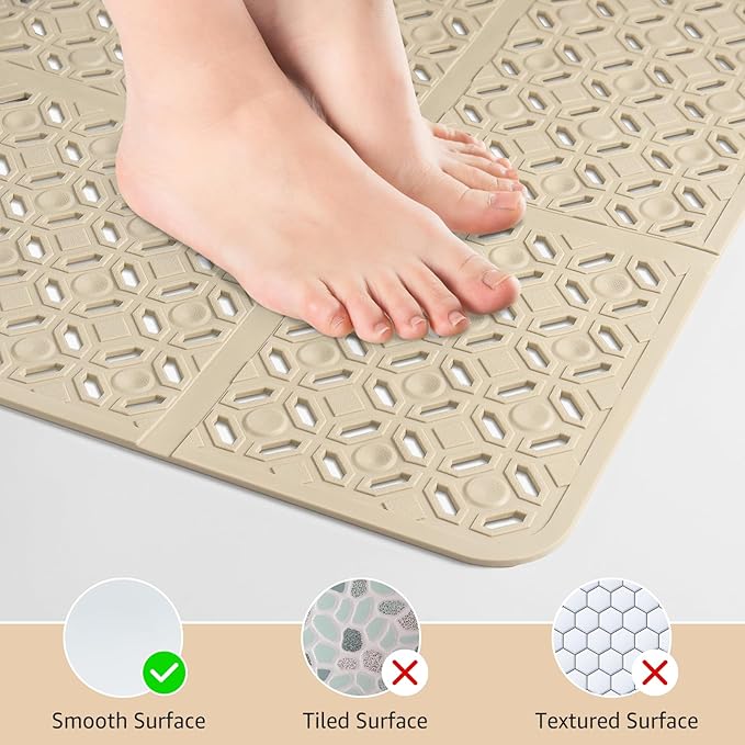 Yolife Square Shower Mat, 27" x 27" Large Shower Mat with Drain Hole in Middle, Soft TPE Non Slip Shower Mats for Inside Shower with Suction Cups, Anti Slip Washable Shower Floor Mat, Brown