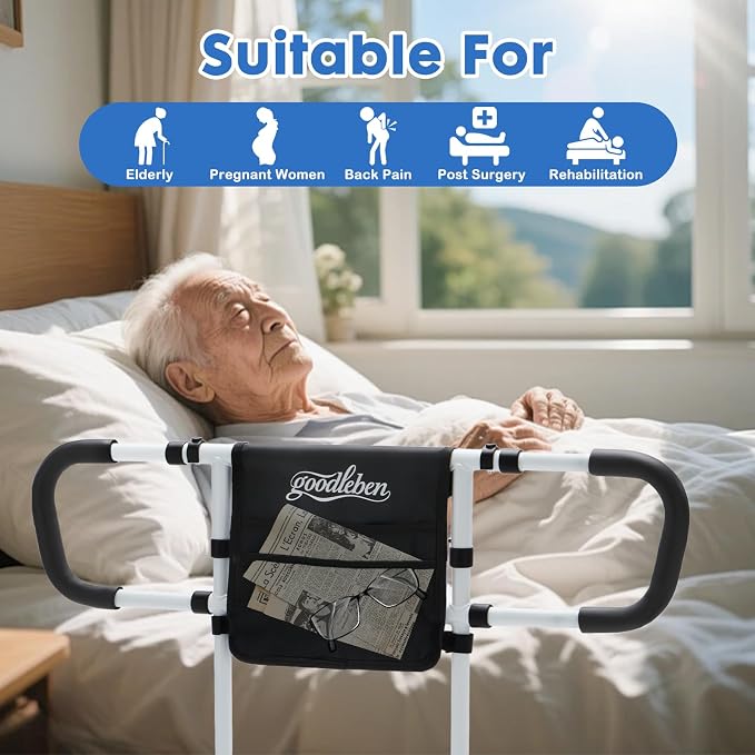 Bed Rails for Elderly Adults Safety, Bed Assist Rails for Seniors with Non-Slip Ergonomic Handle, Floor Support & Storage Pocket, Adjustable Bed Rail Fits Twin, Full, Queen & King Beds