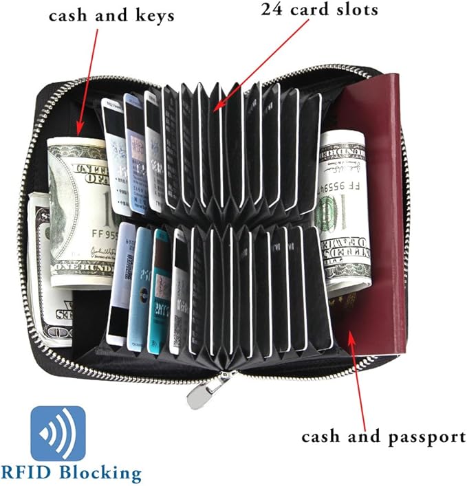 RFID Blocking 24 Slot Credit Card Holder Wallet Real Leather Multi Card Organizer Wallet with Zipper