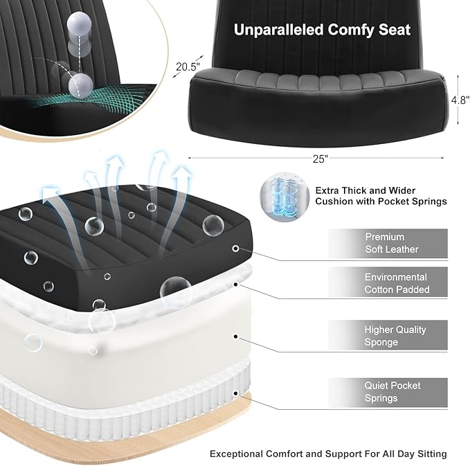 Criss Cross Chair with Wheels,Thick Padded Leather Cross Legged Office Desk C Hair with Pocket Spring Cushion,Dual-Purpose Base,Wide Adjustable Computer Home Office Vanity Chair,Black