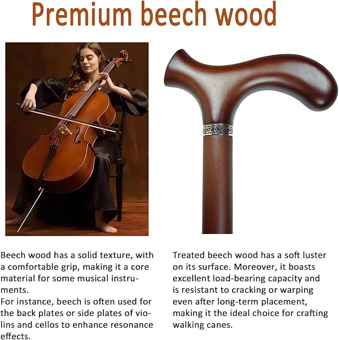 Wooden Walking Cane with 5 Height for Men and Women, Handmade Wood Cane with Comfort Grip Handle, Supportive Mobility Aid for Seniors, Fashionable & Classic Lightweight Stick