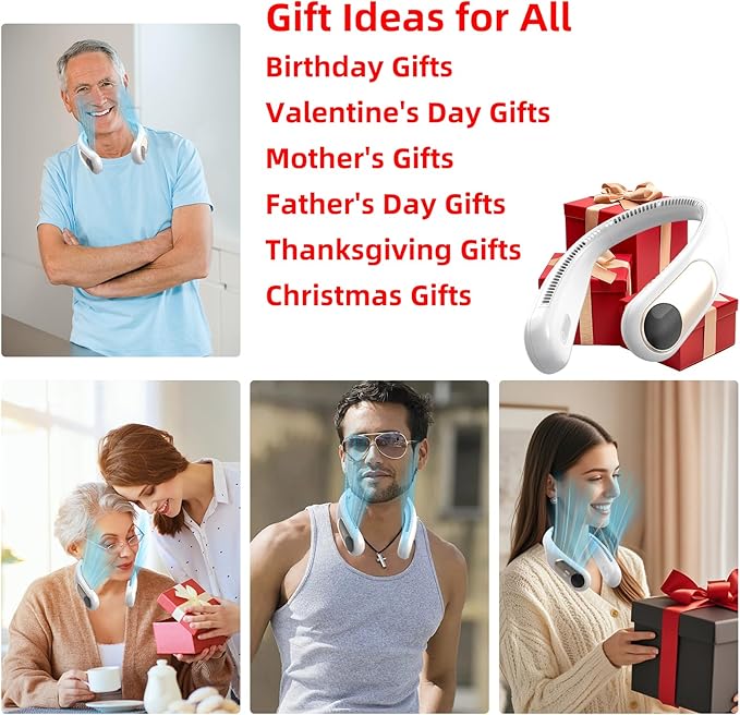 Portable Neck Fan, Personal Wearable Bladeless Fan for Outdoor Indoor, LED Display, 360° Cooling, 4-Speeds, 6000mAh USB Rechargeable, Birthday Gifts for Men Women Dad Mom (White)