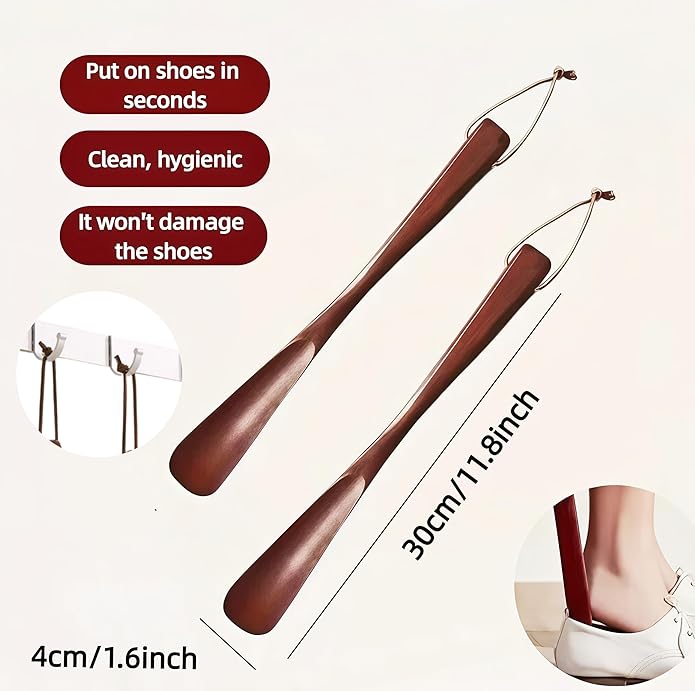 wooden shoe horn for women men kids seniors 2 Pack 11.8inch Portable reddish brown long handled shoe horn