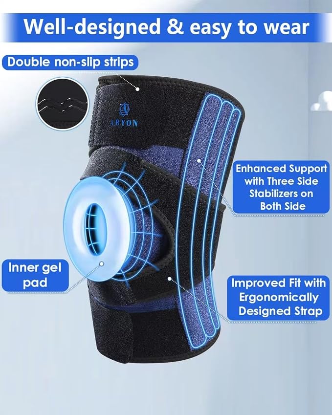 ABYON Knee Brace for Women & Men Meniscus Tear, ACL, Arthritis, Knee Support with Triple Side Stabilizers and Adjustable 360° Wraparound Strap for Maximum Knee Pain Support and Fast Recovery ( Black-Blue, L)