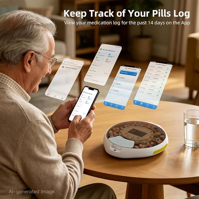 Bluetooth Automatic Pill Organizer with APP Control for Elderly | APP/Sound/Light Reminders, Tracks Adherence History, Up to 9 Daily Doses, Clear LCD Display, Top Lock & Ergonomic Curved Lid