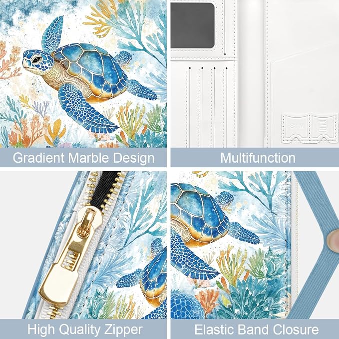 Passport Holder for Travel, RFID Blocking Passport Cover for Women Zipper | Travel Wallets, Passport Book Holder, Credit Card Holder, ID Window,SIM Card Slots, Coin & Tickets Pocket, Sea Turtle