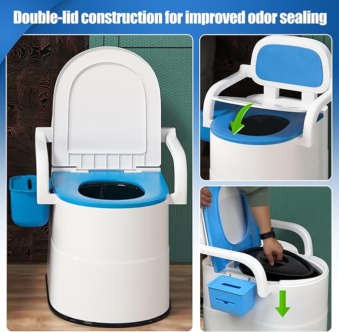 Bedside Commode Toilet for Elderly, Portable Toilet for Adults with Full-Surround Anti-Slip, Armrests, Double Layer Odor Sealed, Bedside Commode Chair for Toilet with Arms, Blue