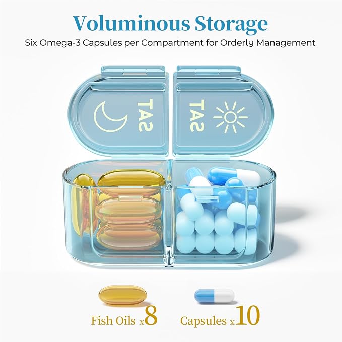 Betife AM PM Pill Organizer 7 Day, Weekly Pill Organizer 2 Times a Day, Daily Pill Box AM PM, Portable Travel Medicine Case, Day Night Pill Container for Medication, Vitamin or Supplement（Ocean Blue）