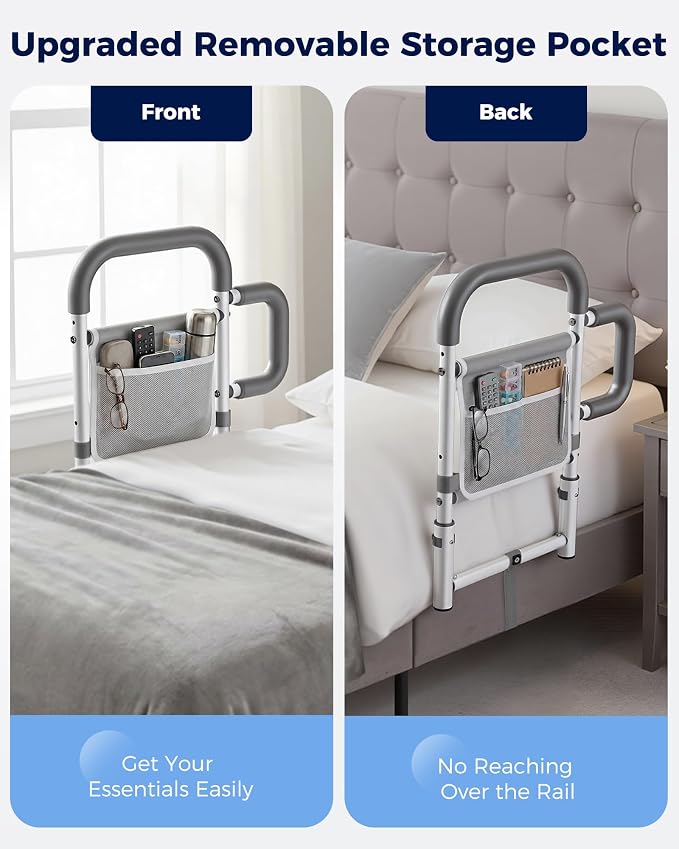 ONTHEWEI Bed Rails for Elderly Adults Safety, Bed Cane with Double Non-Slip Handle & Storage Pouch, Bed Assist Rails for Seniors and Post-Surgery Reduce Falls & Support Independence, Fits Most Bed