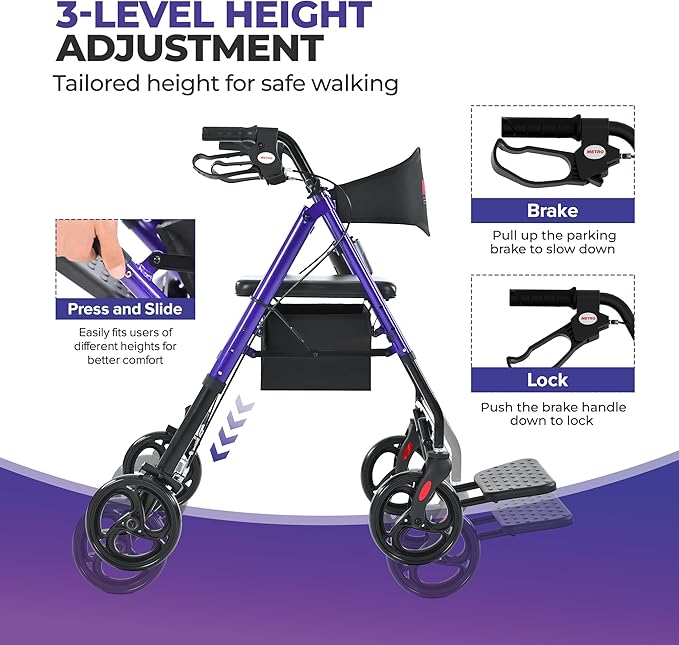 Metro Mobility 2 in 1 Rollator Walker & Transport Wheelchair, Foldable Lightweight Rollator Walker with Seat, 8" Big Wheels for All Terrain, 300 lb. Weight Capacity, Purple
