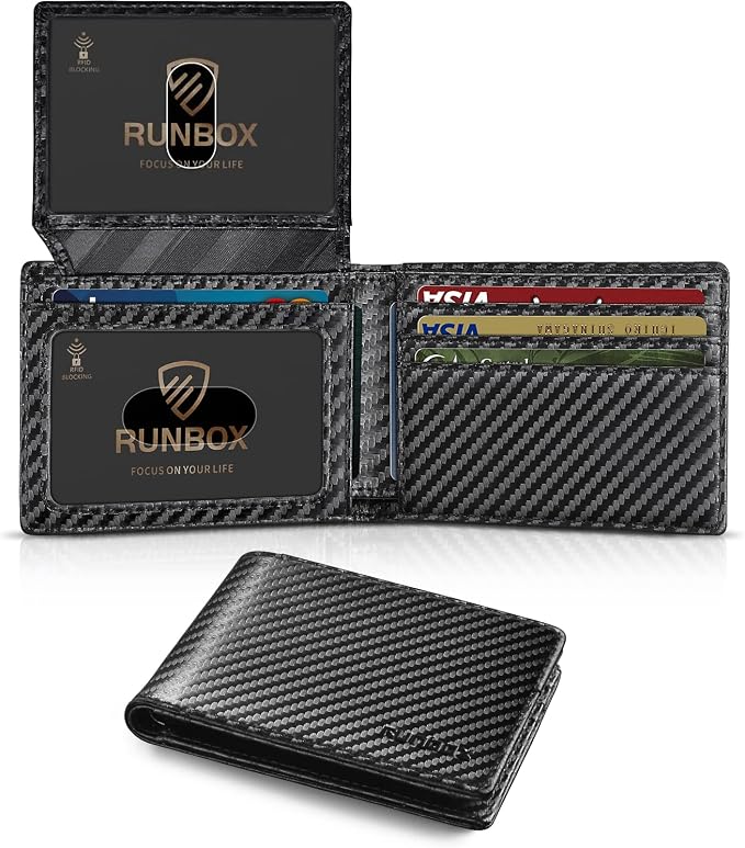 RUNBOX Wallet for Men -Slim Rfid Leather Mens Bifold Novelty Wallets 2 ID Window With Gift Box Men's Accessories | Minimalist Front Pocket Design, Holds 15 Cards, Large Capacity with Cash Pocket,Compact and Thin, Birthday Gifts for Men