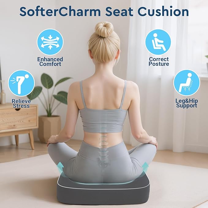 Seat Cushion, Memory Foam Office Chair Cushion, Gray, X-Large | Office Desk Accessories, Butt Pillow for Long Sitting Sciatica, Coccyx, Tailbone, Hip Pain Relief - for Home, Car, Airplane