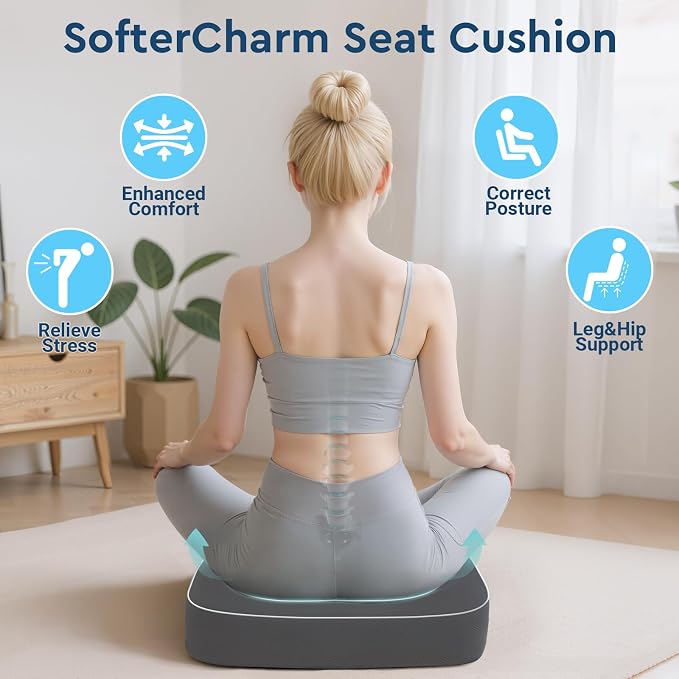 Seat Cushion, Memory Foam Office Chair Cushion, Gray, Large | Office Desk Accessories, Butt Pillow for Long Sitting Sciatica, Coccyx, Tailbone, Hip Pain Relief - for Home, Car, Airplane