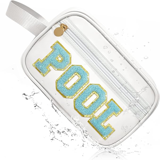 COSHAYSOO Clear POOL Makeup Bag Small Travel Pouch for Women Teenager Girls Pool Accessories Stuff Organizer Preppy Chenille Letter Patch Summer Girly Things