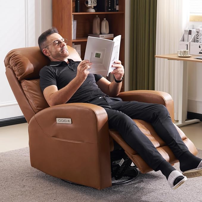 Breathable Air Leather Power Swivel Rocker Recliner, 2-Zone Electric Adjustment (Headrest Independent, Back & Footrest Linked), 270° Swivel, 8-Mode Massage & Heat, USB/Type-C, Side Pocket
