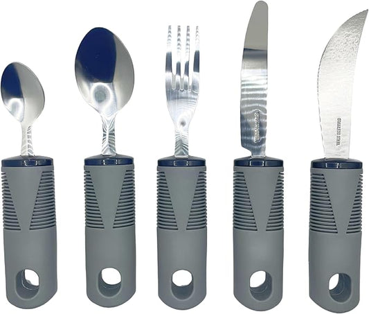 Adaptive Utensils 5 Piece Set Weighted Utensils for Hand Tremors Easy Grip Parkinsons Utensils Extra Wide Handles Built up Utensils for Adults with Knife Fork Spoon for Disabled Arthritis People（Grey）