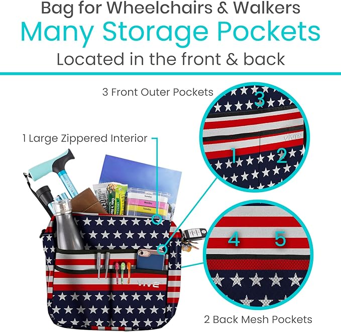 Vive Wheelchair Bag - Machine Washable, Double-Stitched, Water-Resistant Accessory Backpack for Rollators, Wheel Chairs, Walkers - Pouch with XL Pockets & Straps for Quick Installation