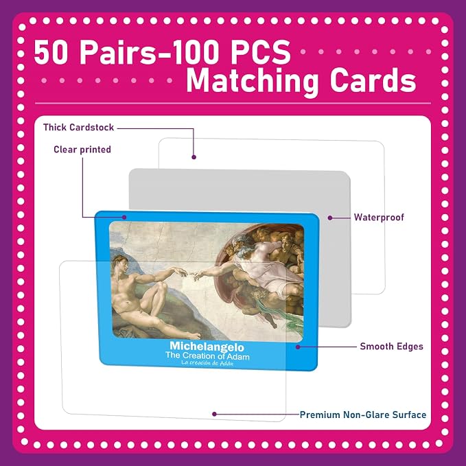 gisgfim 100 PCS Memory Matching Game Famous Paintings Concentration Memory Card for Adults Learning Educational Game A Fun & Fast Artworks Theme Matching Games