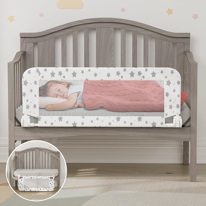 NUTIKAS Crib Rail Guard for Toddlers - 35.3" Toddler Bed Rails Convertible Safety Side Protector Swing Down Mesh Breathable Bed Barriers White Anchor Safety with Reinforced
