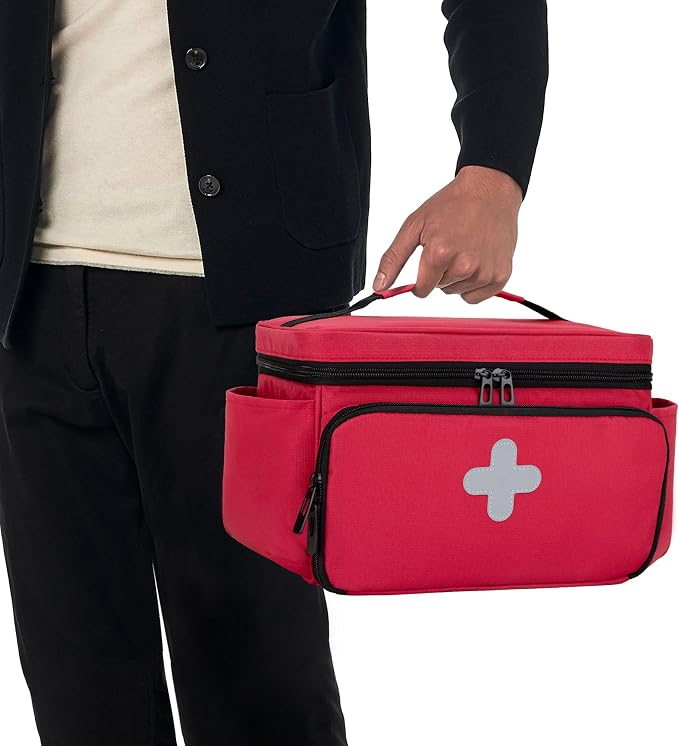 CURMIO Small Medicine Storage Bag, Empty Family First Aid Kits Case, Red | Emergency Medical Supplies for Home Care, Pill Bottle Organizer, Multifunctional Bag for Medical Use, Dormitory, Travel